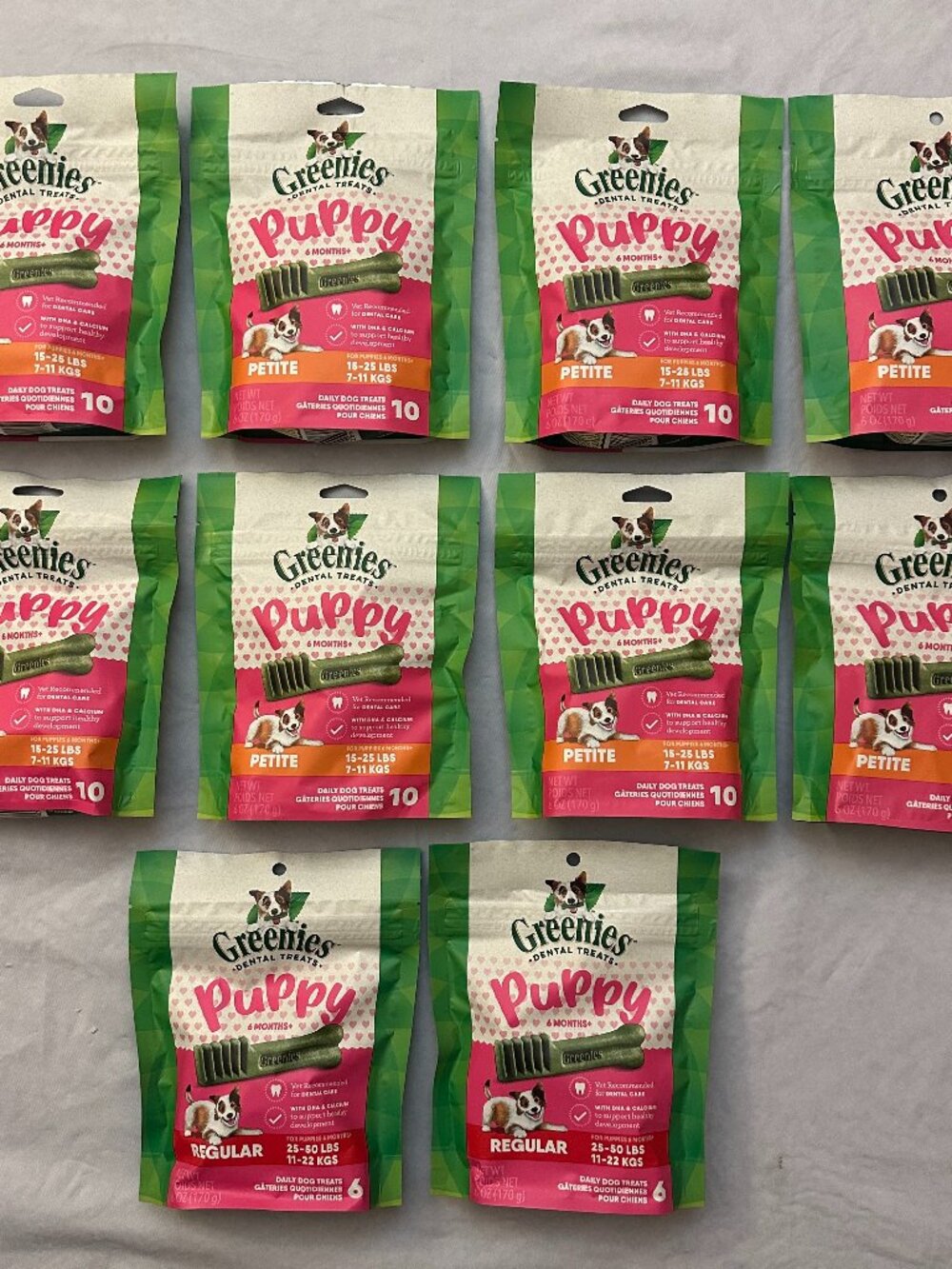 10 Bags of Greenies Puppy Dental Treats / 8 Petite & 2 Regular / 92 Total Treats